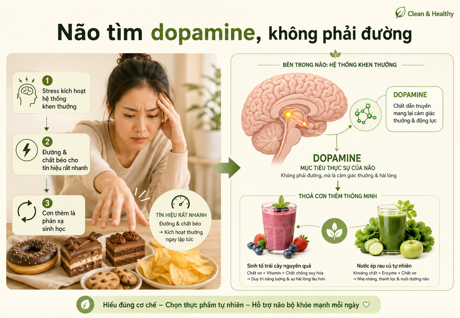 Khi bạn stress thèm ngọt, stress ăn nhiều, đó là vì não bộ đang tìm dopamine để cân bằng cảm xúc