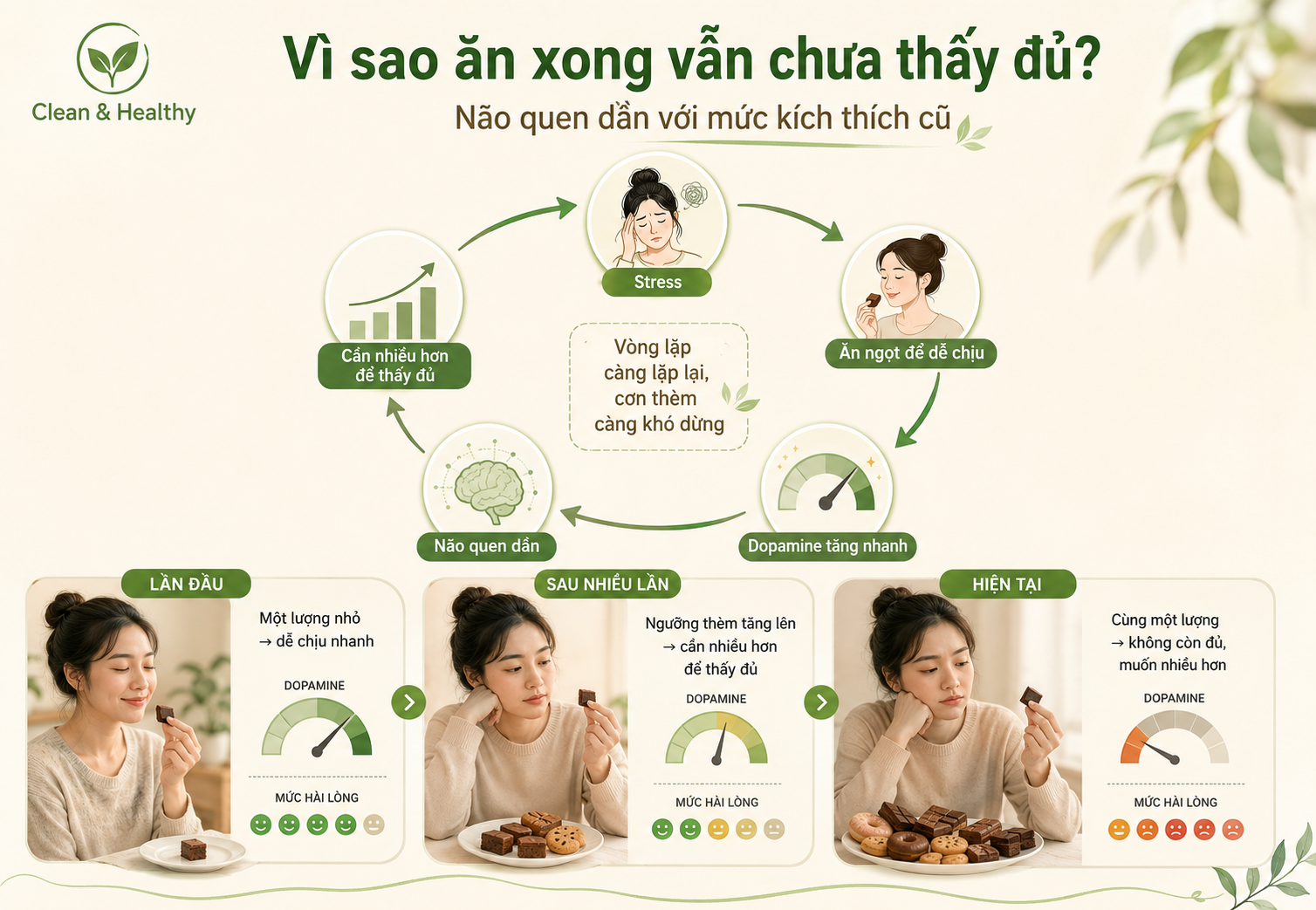 Có nhiều lý do để bạn ăn xong vẫn chưa thấy đủ, vẫn stress thèm ngọt, stress ăn nhiều dù có khi là vừa mới ăn xong